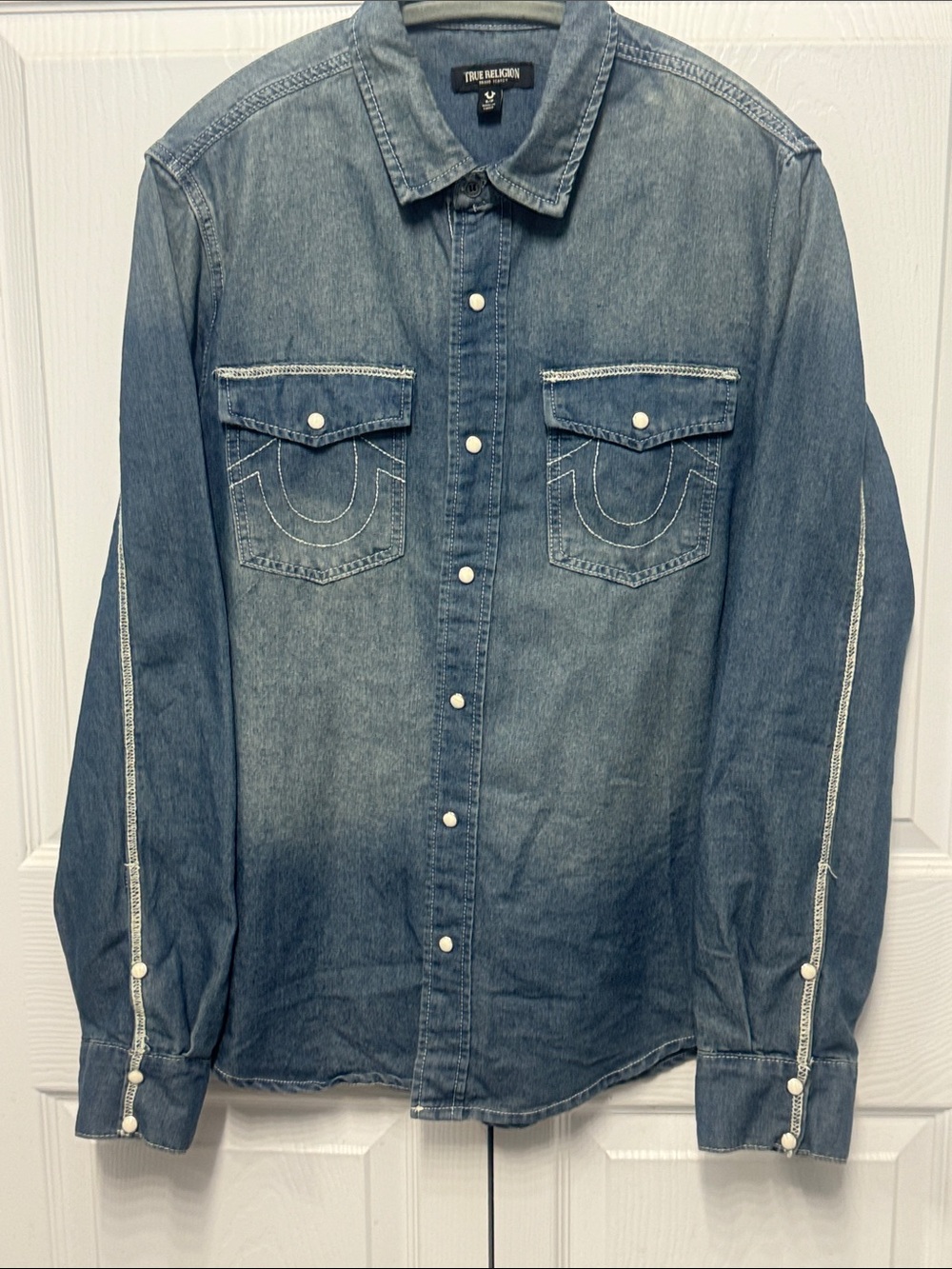 True Religion Men's Denim Western Shirt in Faded Blue